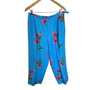 Talbots Womens Floral Capri Pants Size 14 Blue Pink Linen Blend Lightweight XL